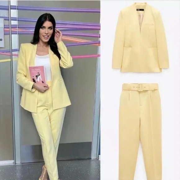 ZARA 2 Piece Lapelless Blazer + Pants Yellow - Picture 1 of 5